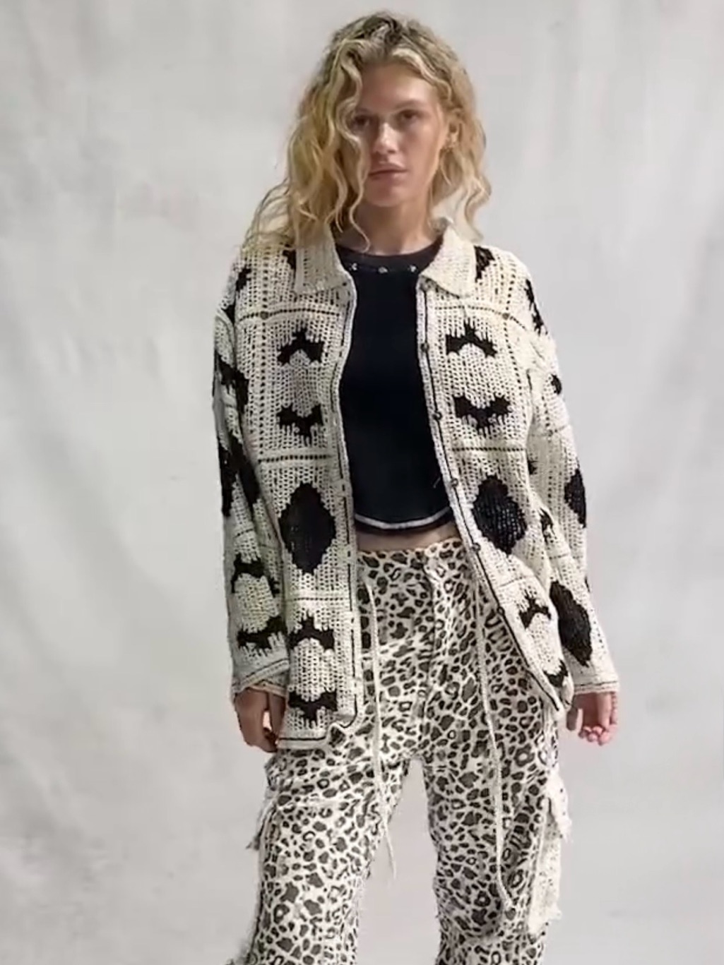 New: Pol Button Down Crochet Chunky Knit Black Cream Mixed Patchwork Jacket